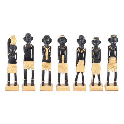 Wood sculptures, 'African Tribal Musicians' (set of 7) - Set of 7 Sculptures Hand-Painted and Hand-Carved from Wood