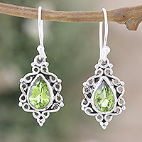 Peridot dangle earrings, 'Green Intricacy' - Sterling Silver Dangle Earrings with Natural Peridot Stones