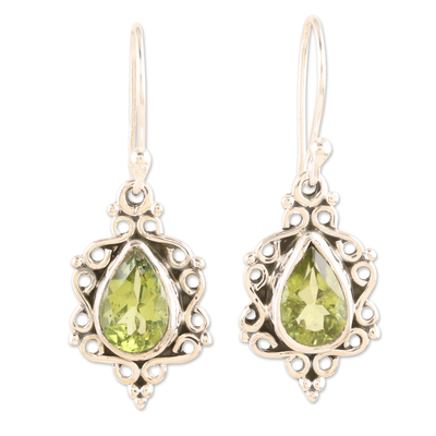 Peridot dangle earrings, 'Green Intricacy' - Sterling Silver Dangle Earrings with Natural Peridot Stones