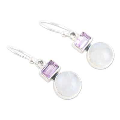 Rainbow moonstone and amethyst dangle earrings, 'Stylish Alliance' - Rainbow Moonstone and Amethyst Dangle Earrings from India