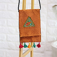 Embroidered sling, 'Ginger Triangle' - Ginger Embroidered Sling with Geometric Motifs from India