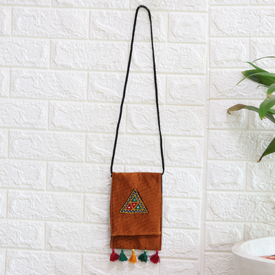 Embroidered sling, 'Ginger Triangle' - Ginger Embroidered Sling with Geometric Motifs from India