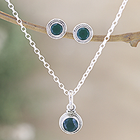 Conjunto de joyas de ónix, 'Sparkling Green' - Collar y pendientes de plata de ley y ónix verde