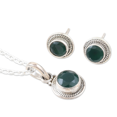 Onyx-Schmuckset - Halskette und Ohrringe aus Sterlingsilber und grünem Onyx