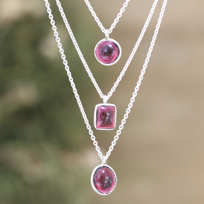 Garnet strand pendant necklace, 'Romance Shapes' - Sterling Silver 3-Strand Garnet Pendant Necklace