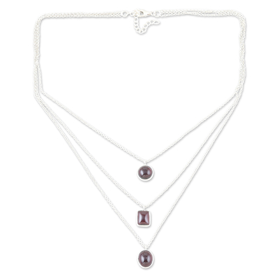 Garnet strand pendant necklace, 'Romance Shapes' - Sterling Silver 3-Strand Garnet Pendant Necklace