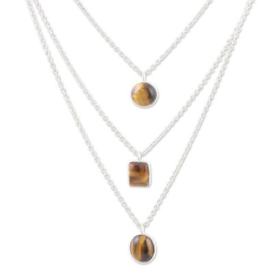 Tiger's eye strand pendant necklace, 'Courage Shapes' - Sterling Silver 3-Strand Tiger's Eye Pendant Necklace