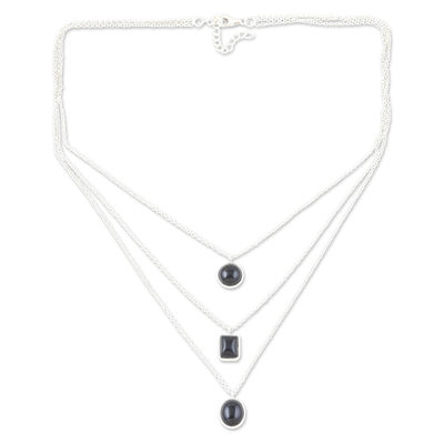 Onyx strand pendant necklace, 'Protection Shapes' - Sterling Silver 3-Strand Black Onyx Pendant Necklace