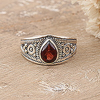 Garnet cocktail ring, 'Passion Drop' - Polished Sterling Silver Cocktail Ring with Natural Garnet