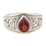 Garnet cocktail ring, 'Passion Drop' - Polished Sterling Silver Cocktail Ring with Natural Garnet