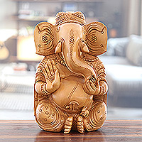 Wood sculpture, 'Celestial Blessing' - Brown Kadam Wood Sculpture of Ganesha Crafted in India