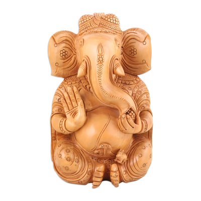 Escultura de madera - Escultura de madera Kadam marrón de Ganesha hecha a mano en la India