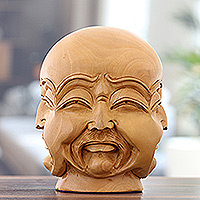 Wood sculpture, 'Sorrowful Facets' - Hand-Carved Kadam Wood Sculpture of Sad Man