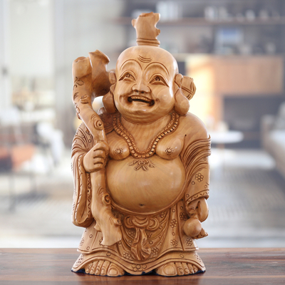 Holzskulptur - Handgeschnitzte Buddha-Skulptur aus Kadam-Holz aus Indien