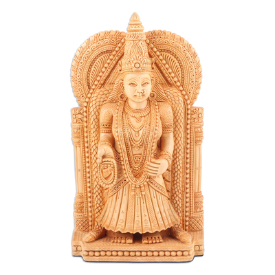 Hand-Carved Kadam Wood Lakshmi Sculpture from India