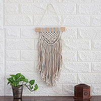 Cotton wall hanging, 'Bohemian Waterfall' - Handcrafted Ivory Cotton Wall Hanging with Pine Wood Rod