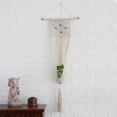 Cotton hanging planter, 'Natural Pride' - Handmade Ivory Cotton Hanging Planter with Mango Wood Beads