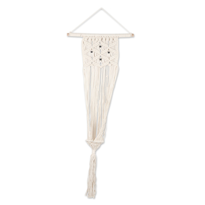 Cotton hanging planter, 'Natural Pride' - Handmade Ivory Cotton Hanging Planter with Mango Wood Beads