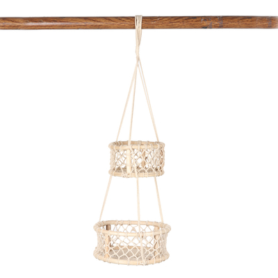 Cotton hanging planter, 'Jungle Baskets' - Handcrafted Ivory Cotton Hanging Planter from India