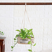 Cotton hanging planter, 'Forest Basket' - Handcrafted Round Ivory Cotton Hanging Planter from India