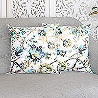 Printed cushion covers, 'Delhi Blossoms' (pair) - Pair of Printed Floral White Cushion Covers Crafted in India