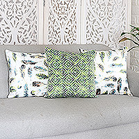 Printed cushion covers, 'Feather Glory' (set of 3) - Set of 3 Printed Feather and Geometric Cushion Covers