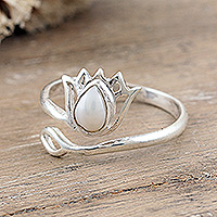 Cultured pearl wrap ring, 'Pearl Lotus' - Cream Pearl and Sterling Silver Lotus Wrap Ring from India