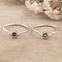 Amethyst and citrine single stone rings, 'Positive Magic' (set of 2) - Set of Two Sterling Silver Single Stone Rings with Gemstones