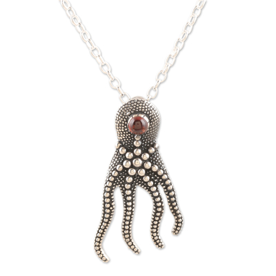 Garnet pendant necklace, 'The Crimson Sage' - Sterling Silver Octopus Pendant Necklace with Natural Garnet