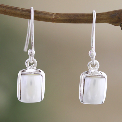 Cultured pearl dangle earrings, 'Innocent Reflections' - Geometric Sterling Silver Dangle Earrings with Cream Pearls