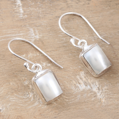 Cultured pearl dangle earrings, 'Innocent Reflections' - Geometric Sterling Silver Dangle Earrings with Cream Pearls