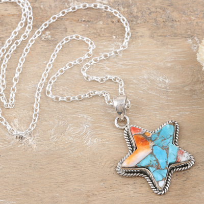 Sterling silver pendant necklace, 'Starry Festival' - Star-Themed Pendant Necklace with Composite Turquoise