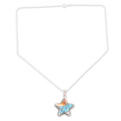 Sterling silver pendant necklace, 'Starry Festival' - Star-Themed Pendant Necklace with Composite Turquoise