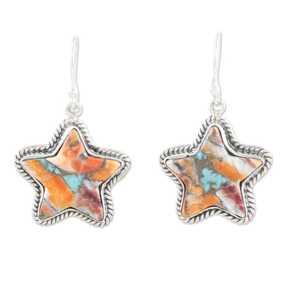 Sterling silver dangle earrings, 'Starry Festival' - Star-Themed Dangle Earrings with Composite Turquoise