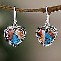 Sterling silver dangle earrings, 'Romantic Festival' - Heart-Themed Dangle Earrings with Composite Turquoise