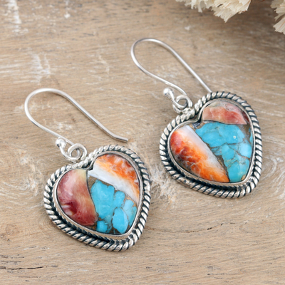 Sterling silver dangle earrings, 'Romantic Festival' - Heart-Themed Dangle Earrings with Composite Turquoise