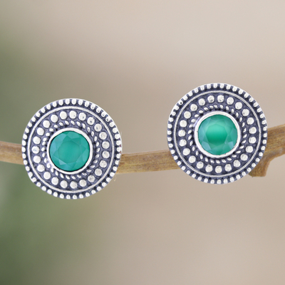 Onyx button earrings, 'Intellect Illusion' - Green Onyx Button Earrings Crafted from Sterling Silver