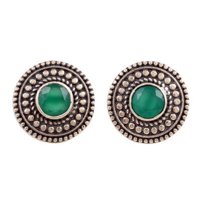 Onyx button earrings, 'Intellect Illusion' - Green Onyx Button Earrings Crafted from Sterling Silver
