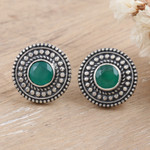 Onyx button earrings, 'Intellect Illusion' - Green Onyx Button Earrings Crafted from Sterling Silver