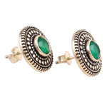 Onyx button earrings, 'Intellect Illusion' - Green Onyx Button Earrings Crafted from Sterling Silver