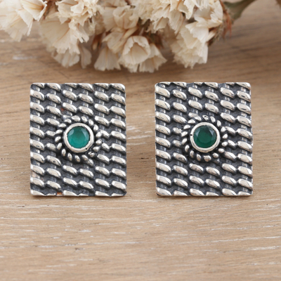 Onyx drop earrings, 'Intellect Shield' - Green Onyx Drop Earrings Crafted from Sterling Silver