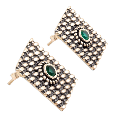 Onyx drop earrings, 'Intellect Shield' - Green Onyx Drop Earrings Crafted from Sterling Silver