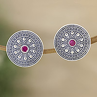 Cubic zirconia button earrings, 'Fuchsia Mirage' - Round Sterling Silver Button Earrings with Cubic Zirconia