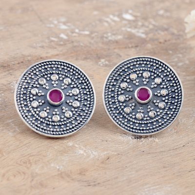 Cubic zirconia button earrings, 'Fuchsia Mirage' - Round Sterling Silver Button Earrings with Cubic Zirconia