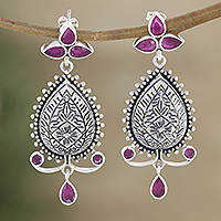 Cubic zirconia dangle earrings, 'Pink Manor' - Leafy Sterling Silver Dangle Earrings with Cubic Zirconia