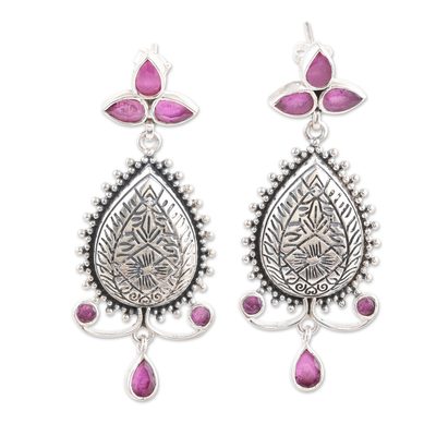 Cubic zirconia dangle earrings, 'Pink Manor' - Leafy Sterling Silver Dangle Earrings with Cubic Zirconia