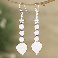 Rose quartz dangle earrings, 'Tender Soul' - Rose Quartz Dangle Earrings with Star and Leafy Motifs
