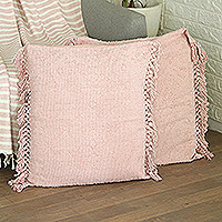 Cotton cushion covers, 'Pink Passion' (pair) - Pair of Pink Cotton Cushion Covers with Tassels from India