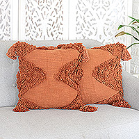 Cotton cushion covers, 'Copper Delight' (pair) - Pair of Embroidered Copper-Toned Cotton Cushion Covers