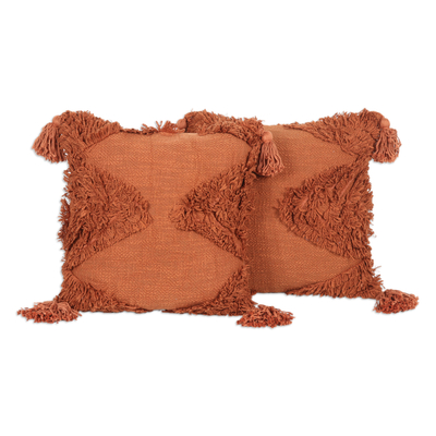 Cotton cushion covers, 'Copper Delight' (pair) - Pair of Embroidered Copper-Toned Cotton Cushion Covers